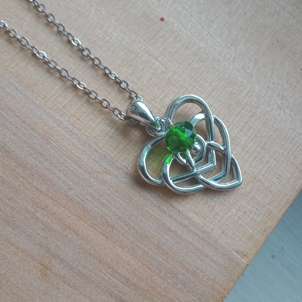 F Silver Heart Pendant Necklace with Green Gemstone